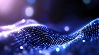 Glowing digital wave pattern with blue and purple particles flowing in abstract motion against dark background creates futuristic technology visualization.