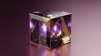 Glowing purple neon light cube with golden metallic frame on reflective surface, modern tech design for futuristic graphics and digital art projects.