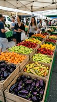 Bustling farmers market with colorful fresh vegetables in wooden crates under white tents. Shoppers browse organic produce including peppers, eggplant, corn.