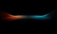 Abstract glowing wave with orange and blue light particles on black background, dynamic flowing lines with sparkles creating futuristic energy effect.