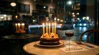 Birthday cake with lit candles on a restaurant table beside a wine glass and happy birthday card, rainy city lights glowing in background at night.