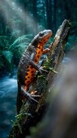 Orange and black spotted newt climbing on mossy log in misty forest environment with ferns and atmospheric lighting for nature photography.