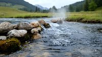 Steaming hot spring water flows into mountain stream, mixing with cold river current among moss-covered rocks against backdrop of rolling hills and forest.