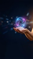 Human hand holding glowing neon spiral energy orb with purple blue light effects against dark bokeh background for digital technology concepts.