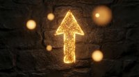 Glowing golden arrow pointing upward on textured stone wall with bokeh lights, symbolizing growth, success, and direction for business and motivational concepts.