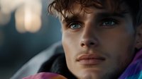 Young Caucasian male model with intense blue eyes and defined facial features gazes thoughtfully into distance against blurred background, wearing purple jacket.