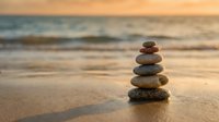Balanced stone stack on sandy beach at golden sunset creating peaceful zen meditation scene with ocean waves in soft focus background for wellness and mindfulness concepts.