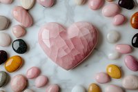 Rose quartz heart crystal surrounded by healing gemstones on marble surface for meditation, wellness and spiritual energy practices.