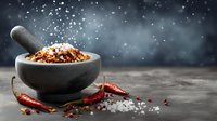 Aromatic spice mix with red chili peppers and sea salt in stone mortar on dark background with copy space for food packaging design.