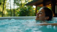 Young woman relaxing in outdoor spa pool with natural forest background, enjoying wellness retreat during golden hour sunlight. Peaceful spa experience.