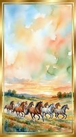 Herd of horses galloping through rural pasture at sunset with golden sky, rolling hills, and green meadow landscape. Watercolor style artwork with warm colors for equestrian, nature, and countryside themes.