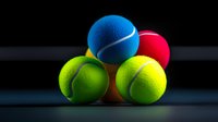 Colorful tennis balls arranged in pyramid formation against dark background with dramatic lighting highlighting texture and vibrant colors. Sports equipment concept.