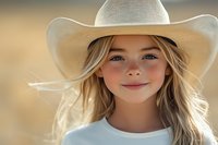 Young girl with blonde hair wearing white cowboy hat smiles warmly in natural sunlight, wind gently blowing her hair against soft bokeh background.