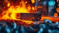 Dramatic contrast of hot glowing metal on anvil with orange sparks and blue tones, macro photography showing metalworking craft process in blacksmith forge.