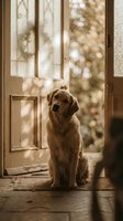 Golden retriever dog sitting on wooden floor by open French doors with warm sunlight and bokeh background creating cozy home atmosphere for pet lifestyle content.