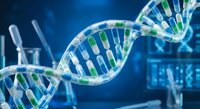 DNA double helix structure with laboratory equipment in background for genetic research and biotechnology applications in medical science.