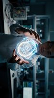 Scientist hands protecting glowing holographic molecular structure in modern laboratory for research and innovation technology applications.