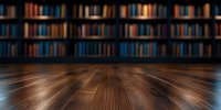Dark wooden floor with dramatic perspective leading to blurred bookshelves background, creating moody library atmosphere for educational or knowledge concepts.