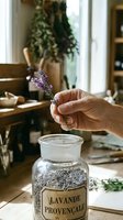 Close-up of hand holding dried lavender sprig above glass jar labeled Lavande Provençale filled with dried lavender buds, indoor workspace with potted plants and natural window light.