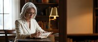 Senior Caucasian businesswoman in white suit writing at wooden desk in elegant office interior with warm lighting and professional atmosphere.