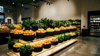 Fresh organic produce display in modern grocery store with colorful fruits and vegetables arranged on wooden shelves under warm lighting for healthy shopping.
