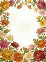 Autumn chrysanthemum flowers frame with colorful blooms in yellow, orange, pink and burgundy creating decorative border on light background for seasonal designs.