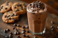 Chocolate milkshake topped with whipped cream and chocolate chips served with fresh baked cookies on rustic wooden surface, selective focus on creamy dessert.