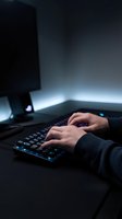 Hands typing on mechanical keyboard in dark room with blue LED lighting and computer monitor for gaming or programming work.