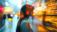 Young Asian woman in profile against urban night lights with motion blur effect and bokeh, creating dramatic atmospheric street photography mood.