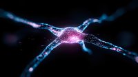 Glowing neuron synapse with purple and blue light effects on dark background, microscopic view of neural network connection showing electrical activity.