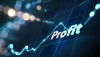 Growing profit chart line glowing in blue neon light with bokeh effect background shows upward financial trend and business success concept.