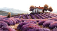 Scenic lavender field with white farmhouse and autumn trees on rolling hills, purple flowers stretching to misty mountains in soft morning light, countryside landscape.