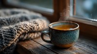 Cozy winter morning scene with steaming hot tea in ceramic mug and knitted wool sweater on wooden windowsill creating warm hygge atmosphere for relaxation.
