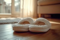 Cozy white knitted slippers on wooden floor in warm sunlit room creating comfortable home atmosphere for relaxation and indoor comfort lifestyle.