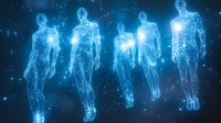 Glowing blue holographic figures made of light particles and digital code standing in row against dark background, futuristic technology concept.