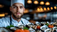 Professional male chef with beard wearing white chef's hat and uniform, displaying fresh oysters on ice with garnish in upscale restaurant kitchen setting with warm ambient lighting.