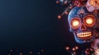 Glowing sugar skull with neon blue ornaments and fiery orange eyes against dark background, decorated with ethereal pink floral elements and floating light particles.