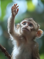 Adorable baby monkey with raised hand reaching upward in tropical forest environment with soft natural lighting and green foliage background.