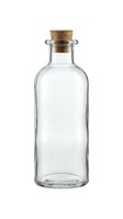 Empty glass bottle with cork stopper isolated on white background for product packaging, aromatherapy oils, homemade remedies and craft projects.