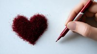 Red glitter scattered in heart shape on white surface with female hand holding pen, romantic creative concept for love letters and Valentine's day designs.