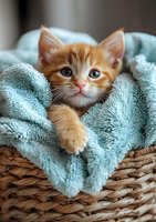 Ginger kitten wrapped in soft turquoise blanket lying in woven basket, looking at camera with bright eyes and pink nose, cozy pet portrait with shallow depth of field.