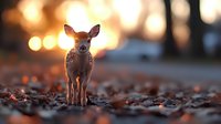 Young fawn standing alone on autumn leaves at sunset with golden bokeh background, creating magical forest atmosphere for nature and wildlife photography.