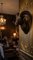 Carved ram head sculpture mounted on ornate gold-trimmed wall panel in luxury interior with chandelier and classic furnishings, suitable for home decor and design projects.