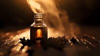 Small bottle of aromatic essential oil surrounded by dried herbs and spices in warm golden light with rising steam creating mystical atmosphere.