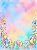 Watercolor gradient background with pastel pink, blue, yellow, and turquoise tones featuring decorative balloons, confetti, party hats, gift boxes, and floral elements along bottom border. Isolated design suitable for invitations, greeting cards, posters, and celebrations.