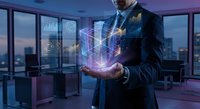 Professional businessman in suit holding holographic digital cube with data visualization in modern office with city skyline at dusk.