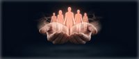 Hands holding glowing human figures representing teamwork, community support, leadership and social connection in business concept.