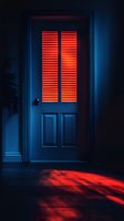 Mysterious blue door with glowing red window blinds casting dramatic shadows on floor in dark moody interior, creating cinematic atmosphere and contrast.