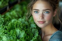 Young woman with blue eyes holding fresh kale in garden setting, representing healthy lifestyle and organic food choices.