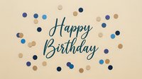Happy Birthday greeting card with colorful confetti dots in blue and gold tones on a beige background, perfect for celebrations.